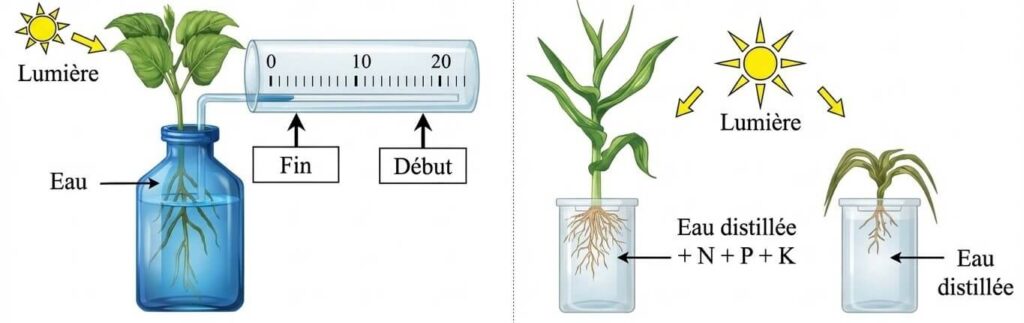 Expérience montrant la nécessité de l'eau et des sels minéraux pour la plante