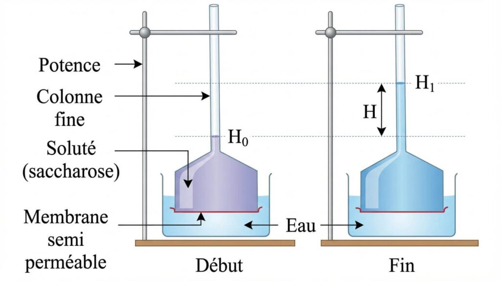 Schéma de l'osmomètre de Dutrochet montrant le phénomène d'osmose