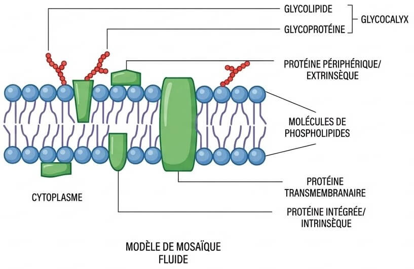 Schéma du modèle de la mosaïque fluide de Singer et Nicholson (1972)