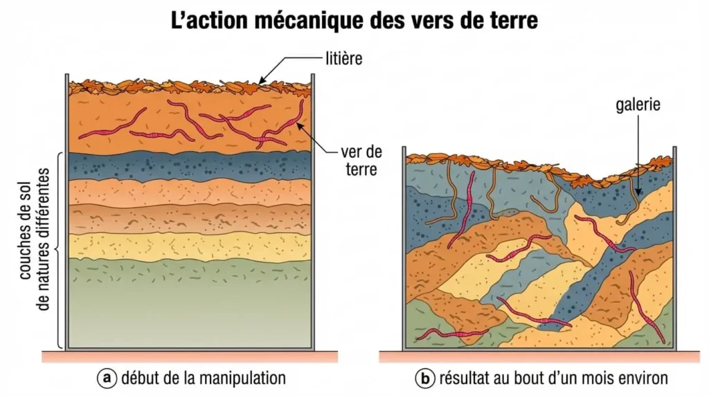 Schéma svt tcs d'une expérience montrant l'action mécanique des vers de terre sur les couches de sol entre le début et après un mois.