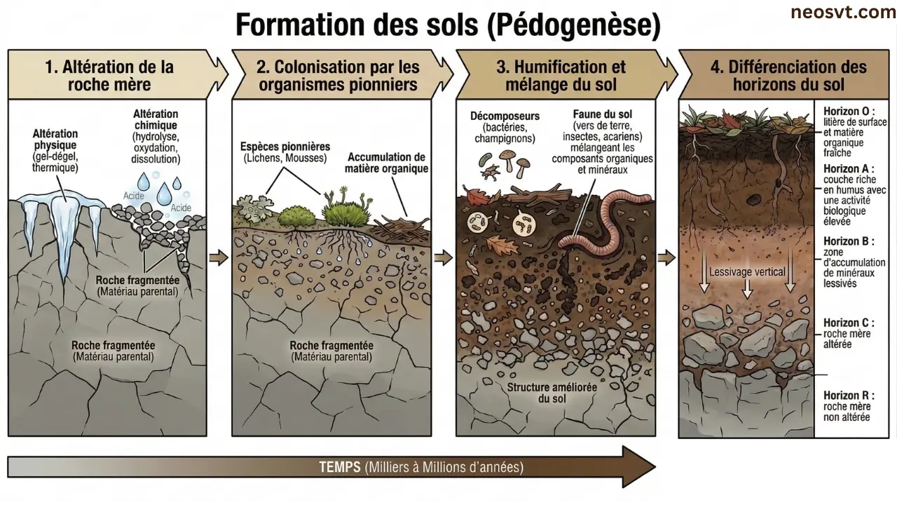 Schéma complet de la pédogenèse montrant l'altération de la roche mère, la colonisation biologique, l'humification et la différenciation des horizons du sol (O, A, B, C, R).
