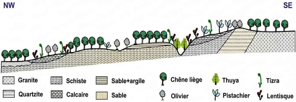 Coupe topographique entre le NW et le SE montrant la répartition des végétaux (Chêne-liège, Olivier, Thuya) selon la nature du substrat (Granite, Quartzite, Schiste, Calcaire, Sable). Illustration du comportement calcifuge du Chêne-liège.