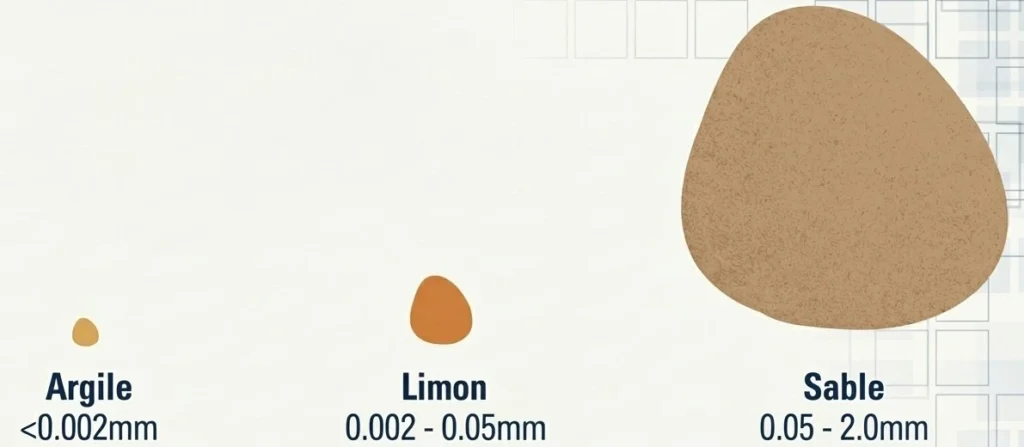 Comparaison de la taille des particules du sol : argile (inférieur à 0.002mm), limon (0.002 à 0.05mm) et sable (0.05 à 2.0mm).