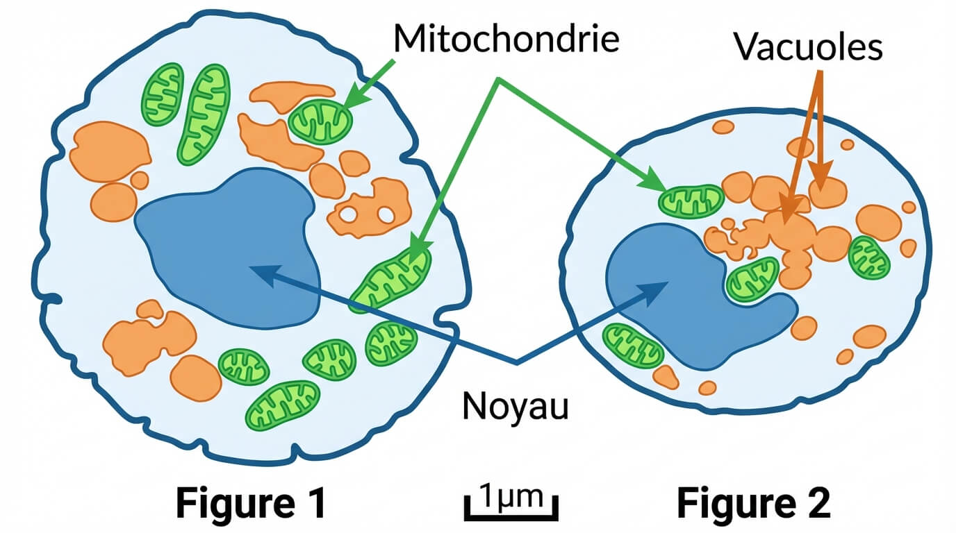 Schéma comparatif de l'ultrastructure de deux cellules montrant le noyau, les mitochondries et les vacuoles.