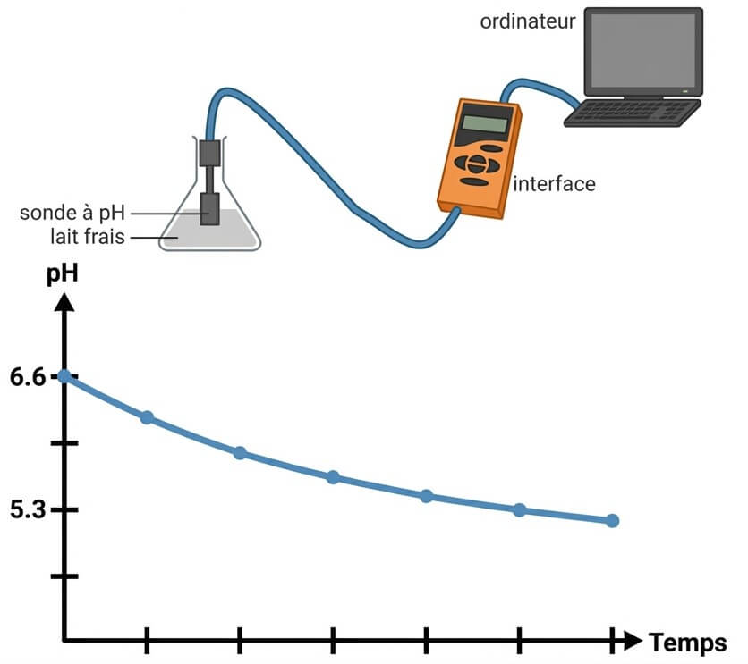 Graphique montrant la baisse du pH du lait frais au cours du temps suite à l'acidification par fermentation lactique.