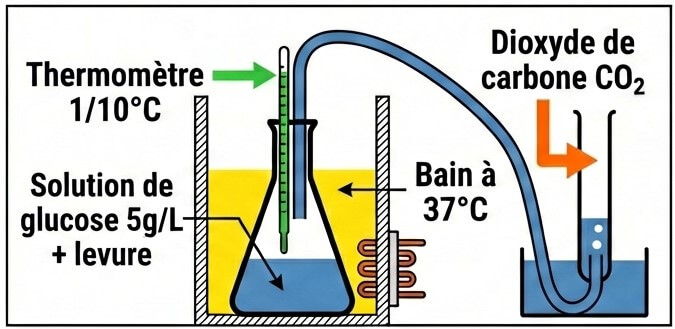 Dispositif expérimental de la fermentation alcoolique chez les levures montrant le dégagement de dioxyde de carbone (CO2).