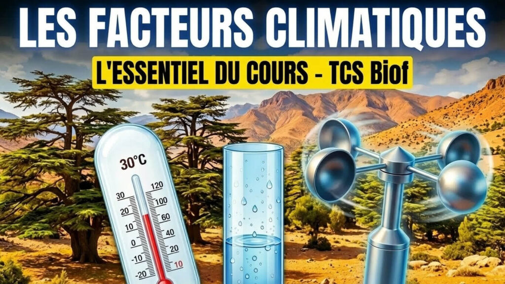 Miniature pour le cours "Les facteurs climatiques - L'essentiel du cours - TCS Biof", montrant un thermomètre, un pluviomètre et un anémomètre dans un paysage avec des cèdres de l'Atlas.