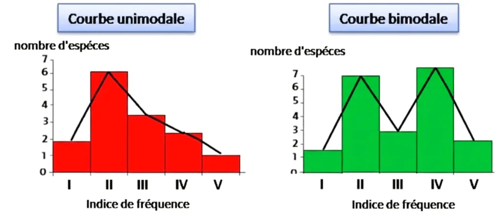 Comparaison entre une courbe de fréquence unimodale indiquant un milieu homogène et une courbe bimodale indiquant un milieu hétérogène.