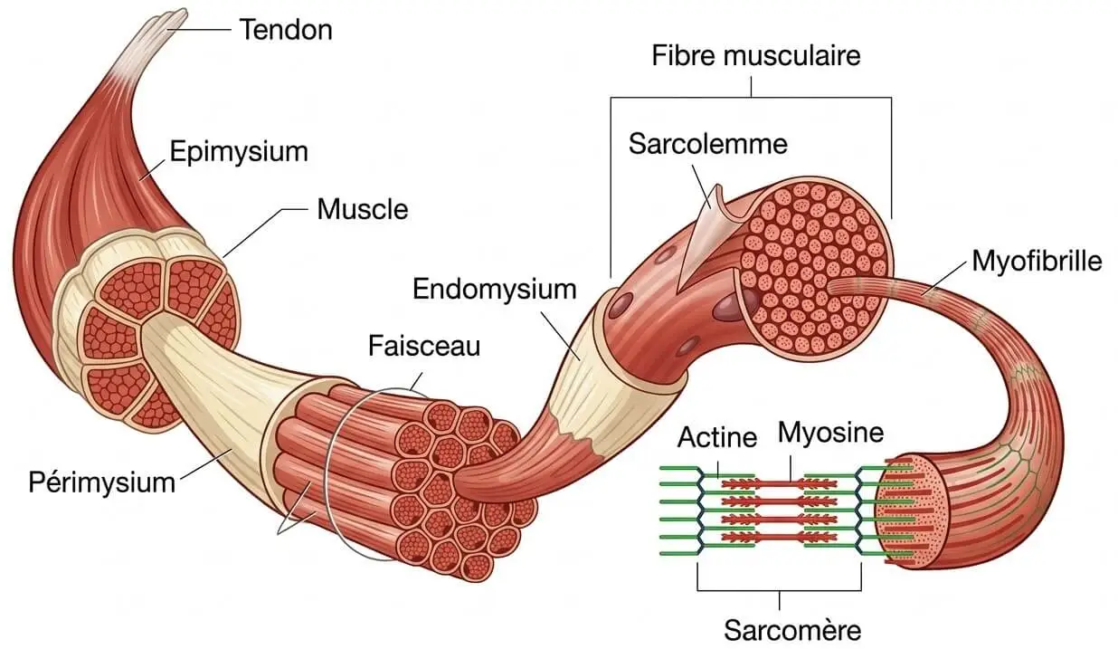 Schéma de l'anatomie du muscle squelettique strié, du muscle entier jusqu'aux myofilaments du sarcomère, détaillant les différentes enveloppes conjonctives.