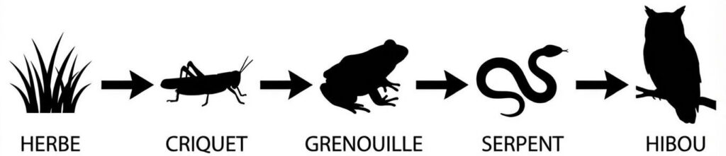 Exemple de chaîne alimentaire à 5 maillons : Producteur (Herbe), Consommateur 1 (Criquet), Consommateur 2 (Grenouille), Consommateur 3 (Serpent) et Consommateur 4 (Hibou).