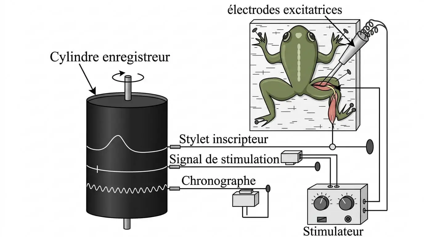 Schéma du dispositif expérimental classique (myographe) utilisé pour l'enregistrement de la contraction du muscle gastrocnémien de la grenouille.