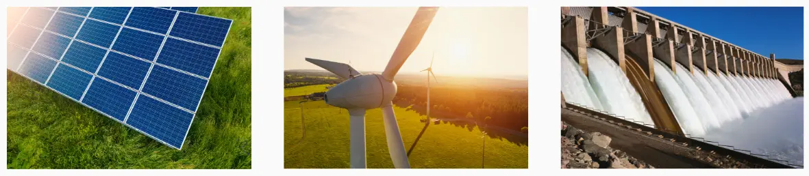 Solutions pour préserver l'environnement : panneaux solaires, énergie éolienne et barrage hydroélectrique pour une gestion durable des ressources.