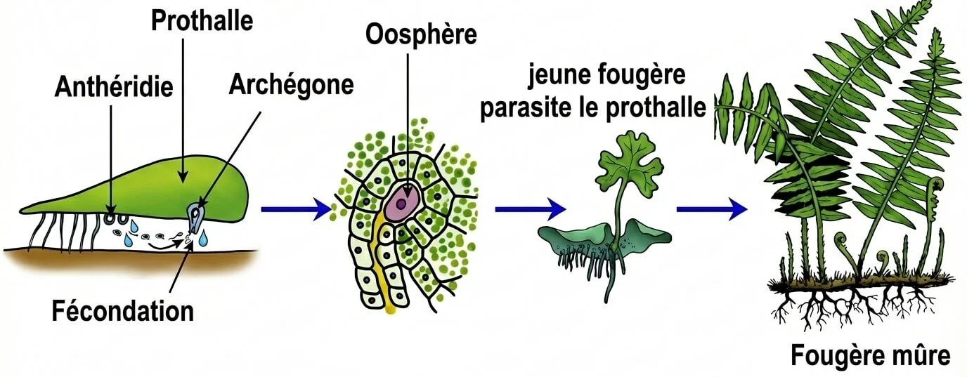Schéma légendé en plusieurs étapes détaillant la fécondation de l'oosphère par les anthérozoïdes sur le prothalle, et le développement d'une jeune fougère.