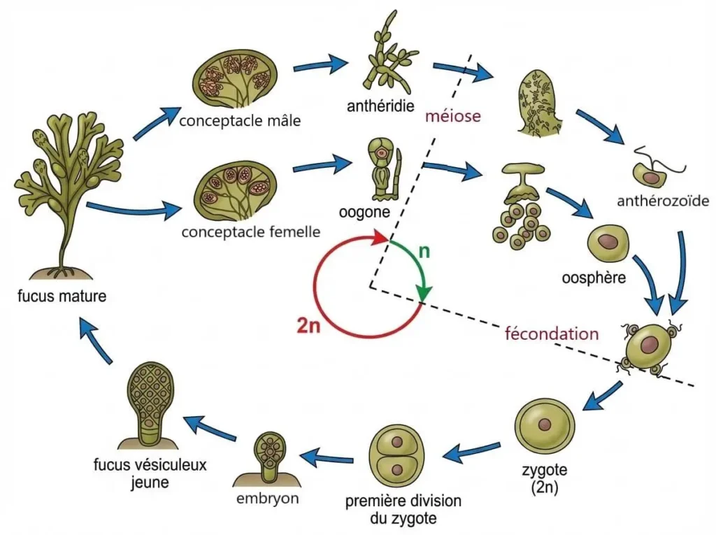 Cycle de reproduction sexuée complet du Fucus vésiculeux (cycle diplophasique) : la phase diploïde (2n) domine tout le cycle, la phase haploïde (n) est réduite aux seuls gamètes (anthérozoïdes et oosphères) ; méiose dans les conceptacles, fécondation, formation du zygote 2n, embryon et développement du Fucus mature