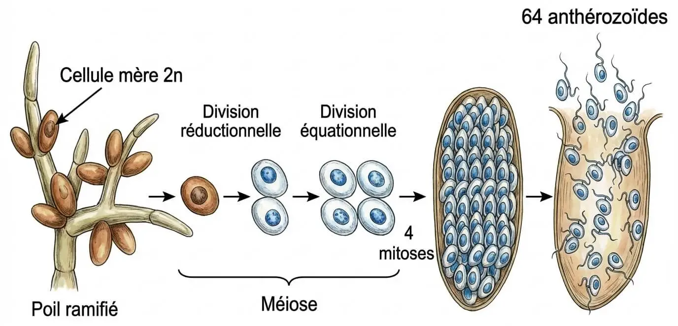 Schéma de la formation des 64 anthérozoïdes chez le Fucus par méiose puis 4 mitoses à partir de la cellule mère 2n dans le poil ramifié