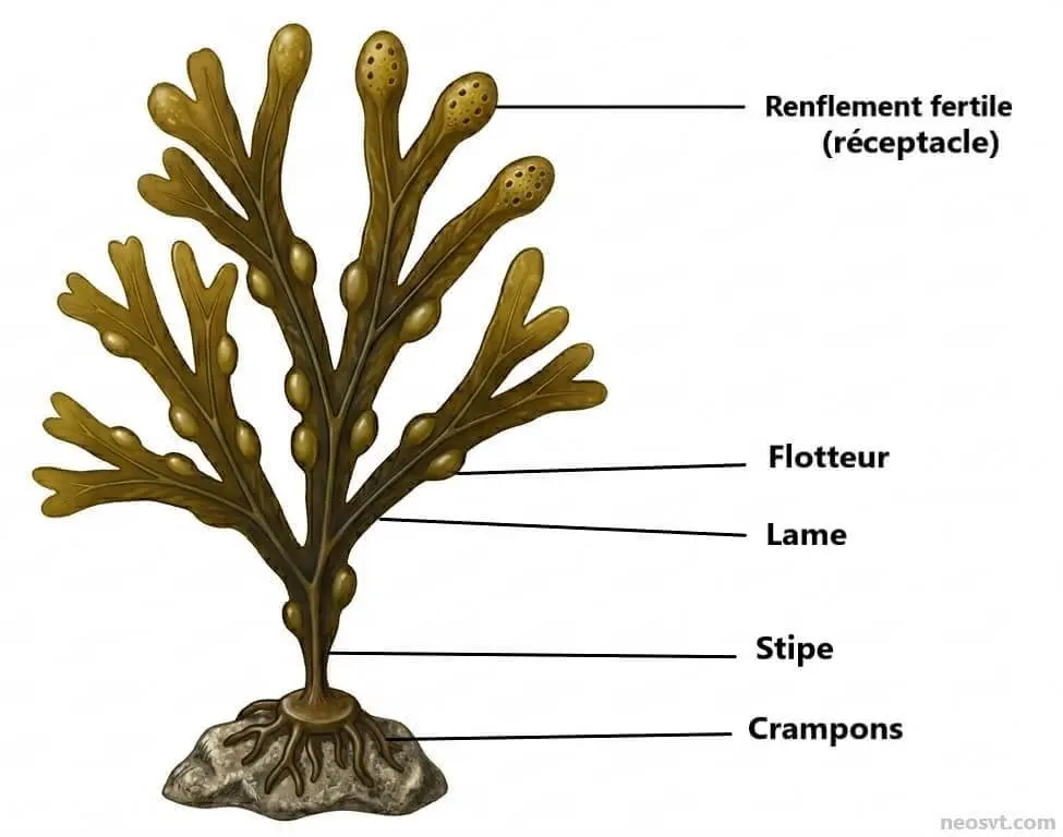 Illustration de la morphologie externe du Fucus vésiculeux montrant les renflement fertiles (réceptacles), les flotteurs (vésicules aérifères) et les crampons de fixation