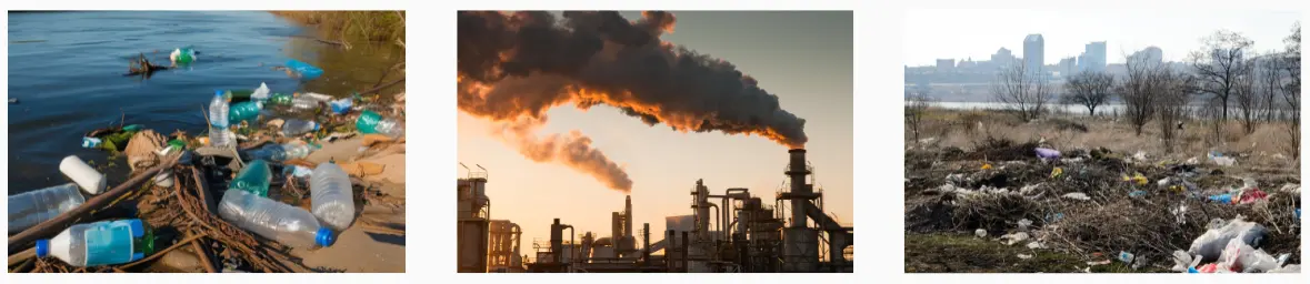 Illustration des trois types de pollution : pollution plastique des eaux, émissions de gaz industriels (pollution de l'air) et décharge sauvage (pollution du sol).