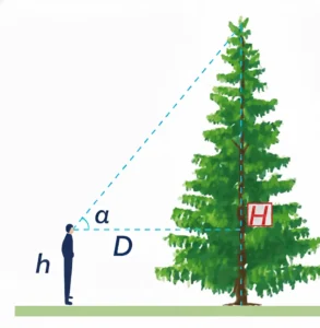 Illustration vectorielle de la méthode trigonométrique pour mesurer un arbre en utilisant un triangle isocèle rectangle à 45 degrés (H = D + h).