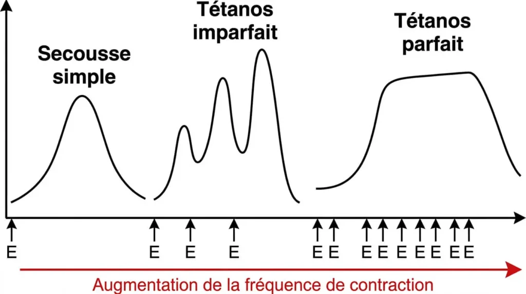 Myogrammes comparant une secousse simple, un tétanos imparfait et un tétanos parfait en fonction de l'augmentation de la fréquence des stimulations.