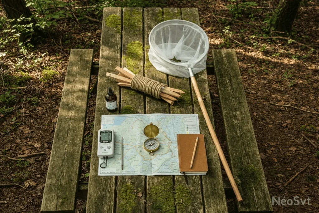 Équipement de la sortie écologique posé sur une table : carte topographique, boussole, filet fauchoir, carnet de notes et piquets.