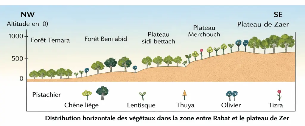 profil topographique montrant la répartition horizontale des végétaux (Chêne liège, Thuya, Lentisque) de la zone côtière de Rabat vers le plateau de Zaer.
