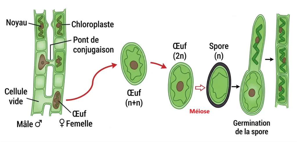 Détail de la reproduction chez la Spirogyre : pont de conjugaison entre deux filaments, formation du zygote (2n) et passage de l'état (n+n) à (2n).
