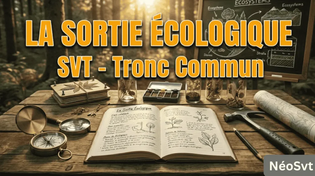 Miniature pour la leçon la sortie écologique SVT Tronc Commun montrant une table en forêt avec le matériel de la sortie écologique : carnet de terrain, boussole, marteau géologique, carte topographique et échantillons végétaux.