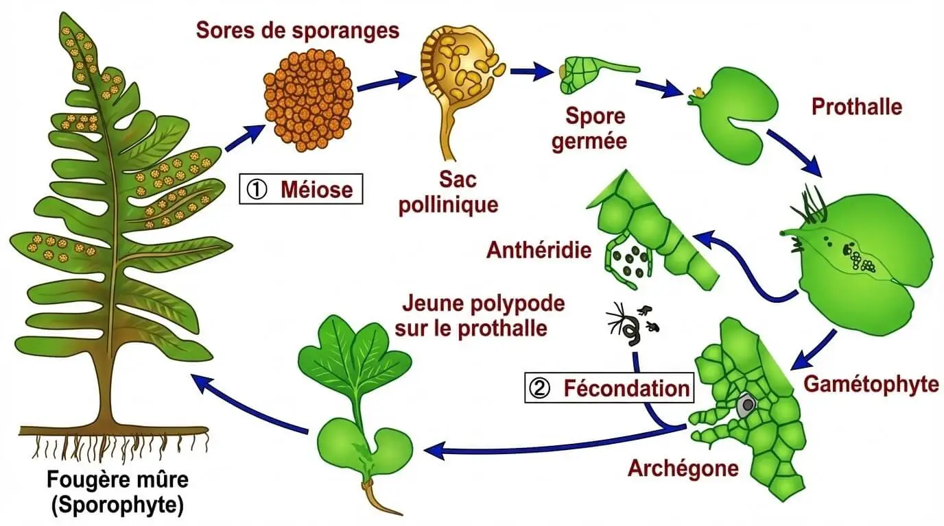 cycle de développement légendé d'une fougère (Ptéridophytes), détaillant la méiose, la fécondation, le prothalle, l'anthéridie, l'archégone et le jeune polypode et la fougère mature.