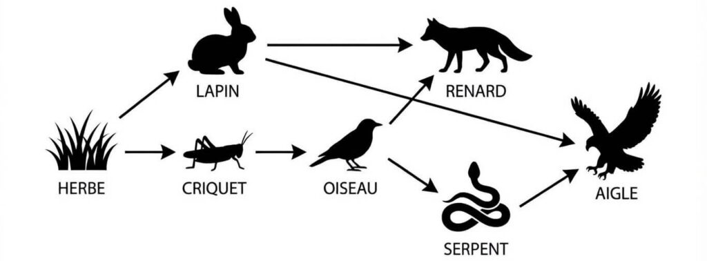 Schéma d'un réseau trophique complexe montrant les interactions alimentaires entre l'herbe, le lapin, le criquet, l'oiseau, le serpent, le renard et l'aigle.