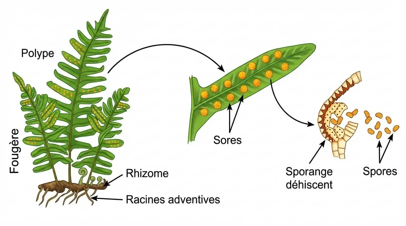Schéma de l'anatomie d'un sporophyte de fougère avec gros plans légendés sur les sores, le sporange déhiscent et la libération des spores