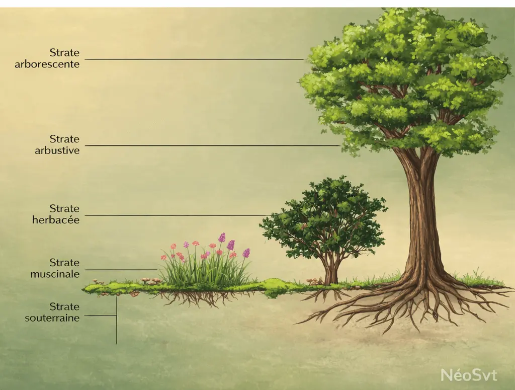 Schéma des différentes strates végétales : strate arborescente, strate arbustive, strate herbacée, strate muscinale et strate souterraine