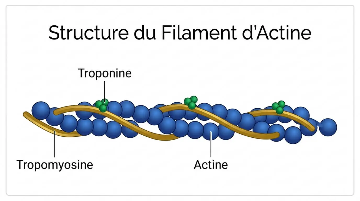 Schéma de la structure moléculaire du myofilament mince, montrant la double hélice de molécules d'actine associée aux protéines régulatrices : la tropomyosine et la troponine.