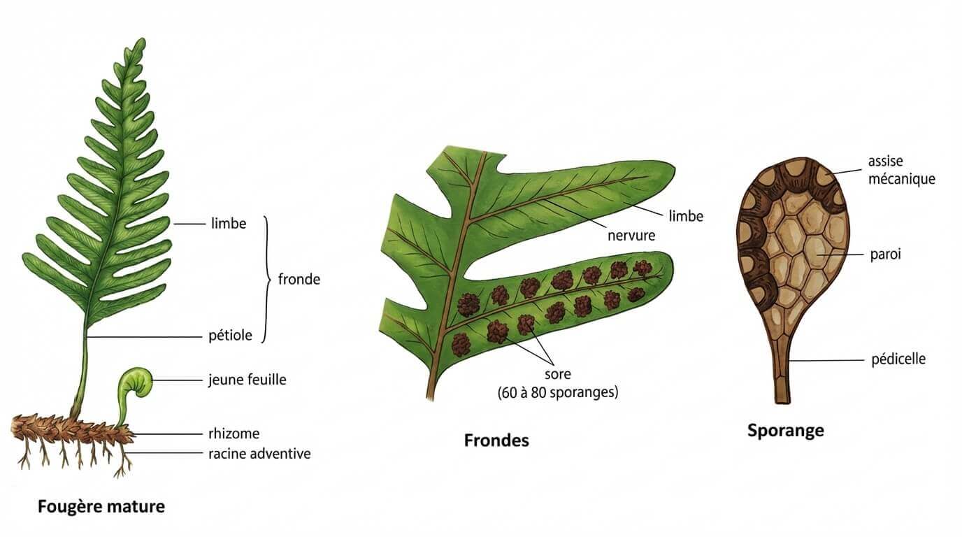 Schéma montrant l'anatomie d'une fougère adulte avec ses frondes et rhizomes, le détail des sores sous les feuilles et la structure d'un sporange avec son assise mécanique.