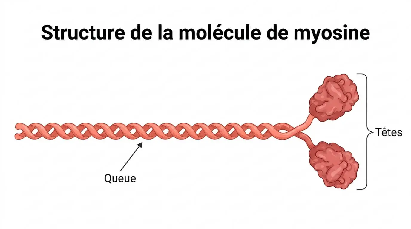 Schéma de la structure d'une molécule de myosine (constituant le myofilament épais), illustrant l'organisation en une queue torsadée et deux têtes globulaires.
