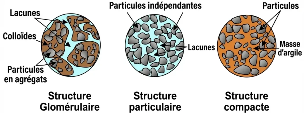Comparaison des trois structures du sol : la structure glomérulaire (favorable à l'agriculture), la structure particulaire (sableuse avec lacunes) et la structure compacte (argileuse sans aération).