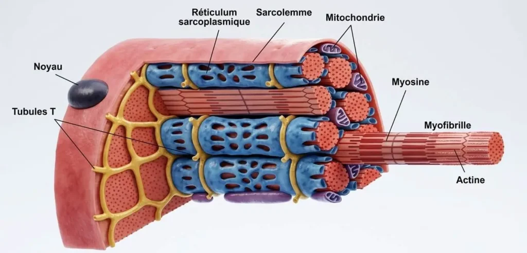 Modèle tridimensionnel détaillant l'ultrastructure d'une fibre musculaire striée squelettique avec ses organites : sarcolemme, réticulum sarcoplasmique, tubules T, mitochondries, noyaux et myofibrilles (actine et myosine).