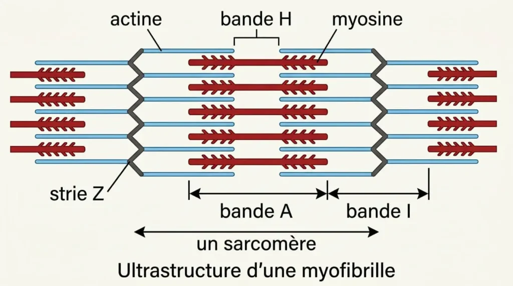 Schéma de l'ultrastructure d'un sarcomère au sein d'une myofibrille, délimité par les stries Z et montrant les bandes A, I et H.