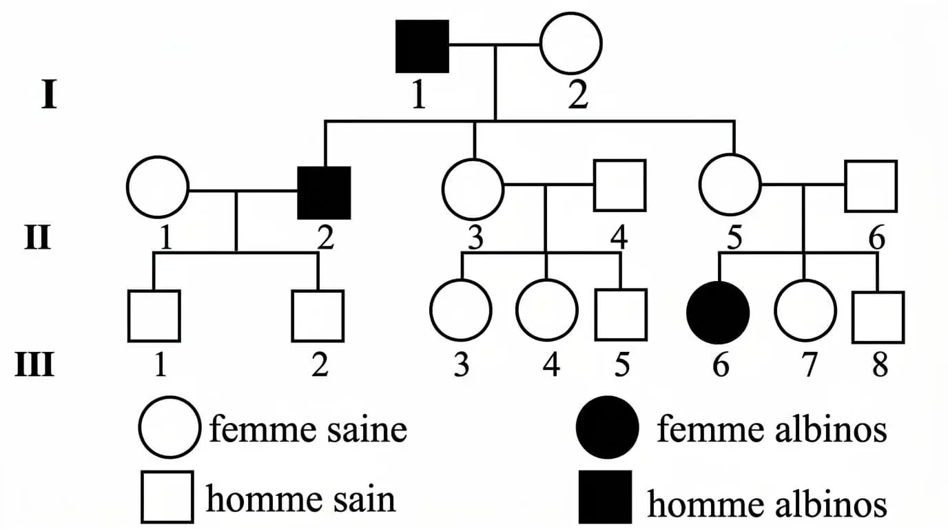 Arbre généalogique (pedigree) sur trois générations illustrant la transmission de l'albinisme dans une famille. Le diagramme utilise des carrés pour les hommes et des cercles pour les femmes, avec des symboles noirs indiquant les individus atteints d'albinisme.