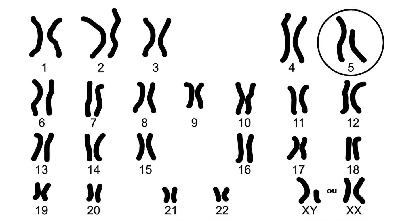 Caryotype d'un individu mâle atteint du syndrome du cri du chat, montrant une anomalie de structure (délétion) sur le bras court du chromosome 5.