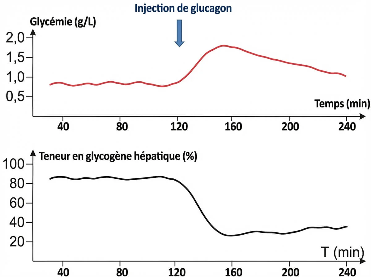 Graphiques montrant la hausse de la glycémie et la baisse du glycogène hépatique après injection de glucagon.