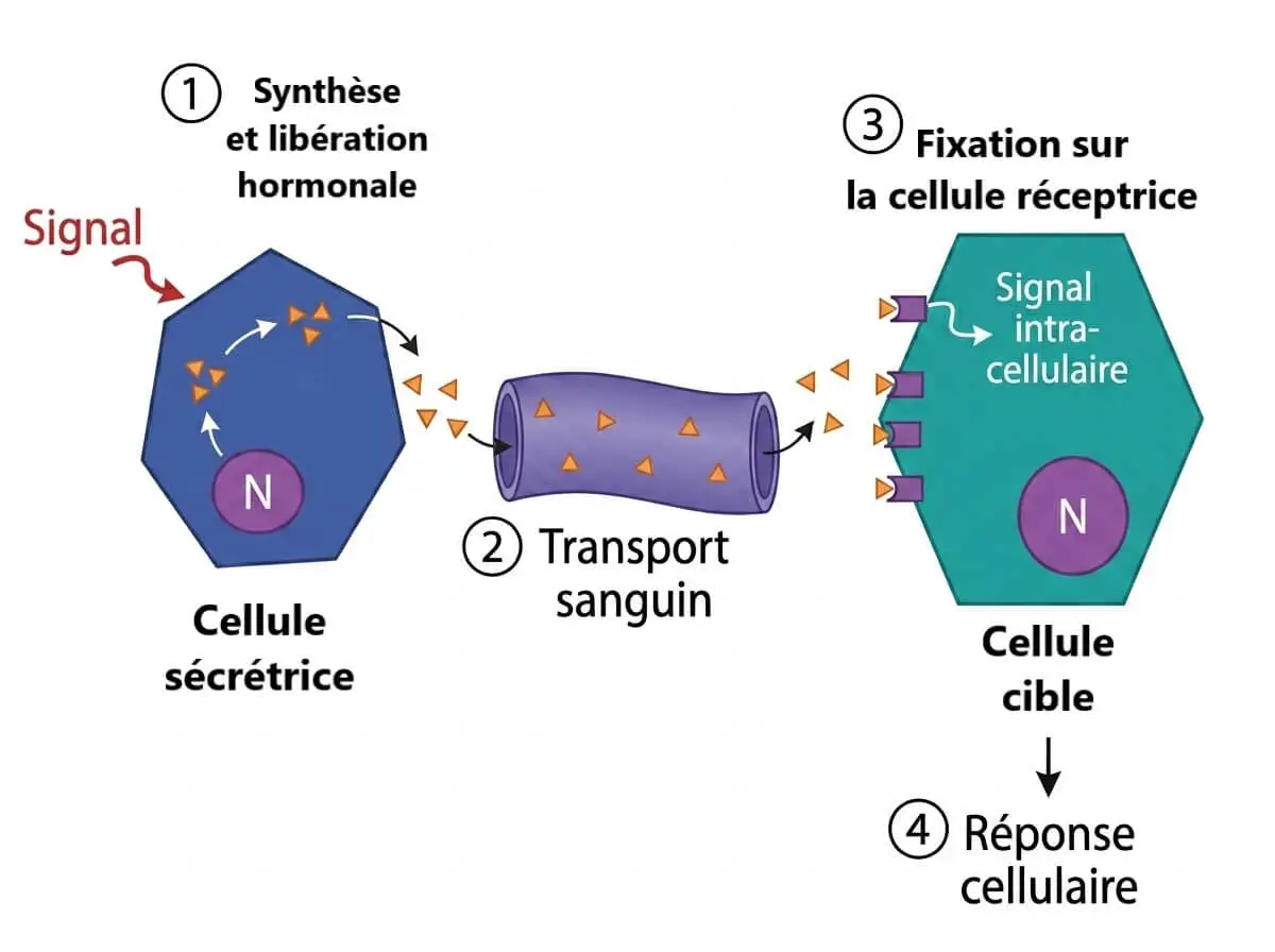 Schéma expliquant les étapes de la communication hormonale : synthèse par la cellule sécrétrice, transport sanguin, fixation sur la cellule cible et réponse cellulaire.