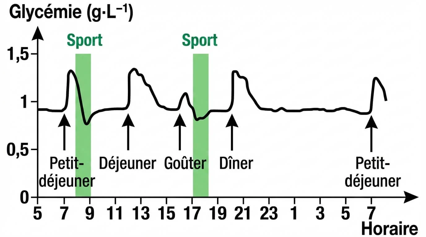 Graphe de la glycémie sur 24 heures montrant l'effet des repas et de l'effort physique.