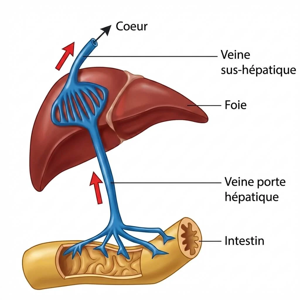 Schéma de la vascularisation hépatique montrant la veine porte reliant l'intestin au foie.