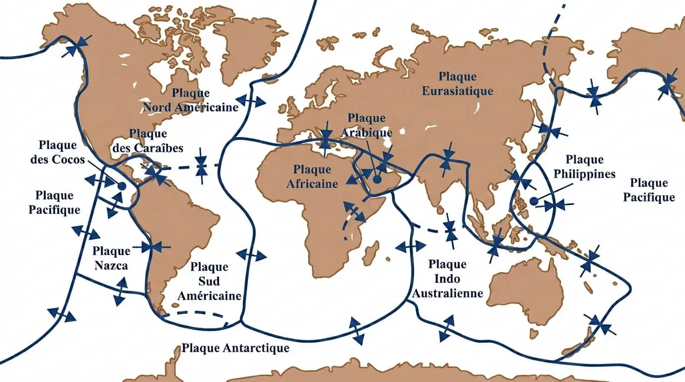 Carte mondiale des plaques tectoniques avec les limites de plaques : zones de subduction, dorsales et marges divergentes.