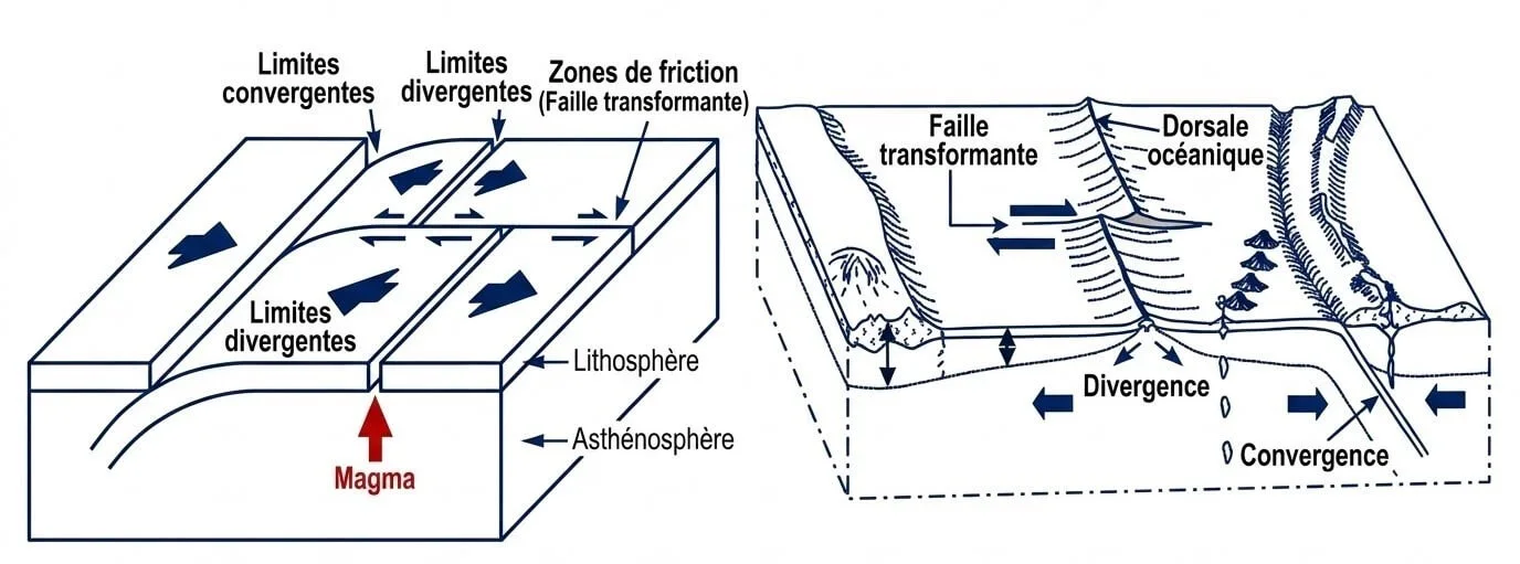 Illustration d'une faille transformante montrant le mouvement de coulissage entre deux plaques lithosphériques.