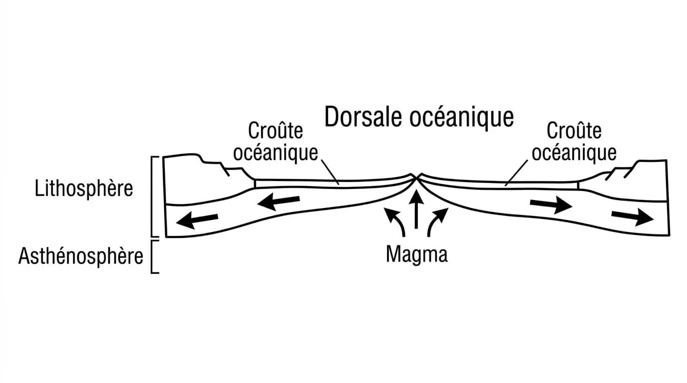 Schéma de la formation d'une dorsale océanique montrant l'ascension du magma et la divergence des plaques lithosphériques.