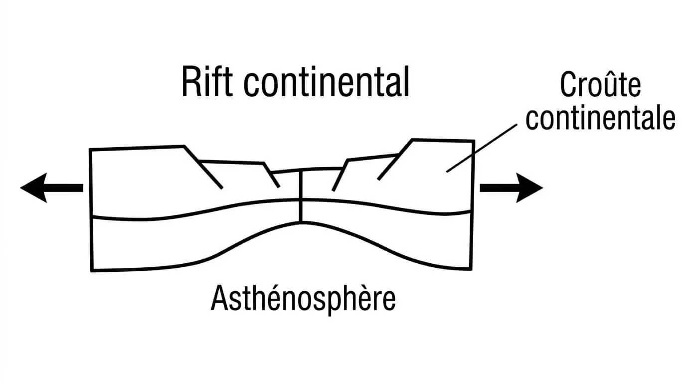 Schéma illustrant les étapes de formation d'un rift continental par étirement de la croûte continentale.