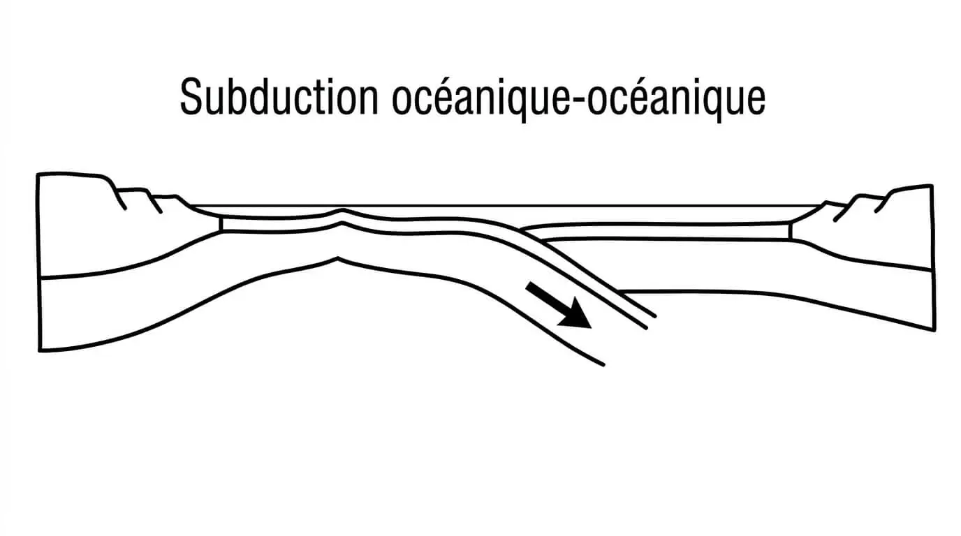 Schéma montrant la subduction entre deux plaques océaniques et la formation d'un arc volcanique insulaire.