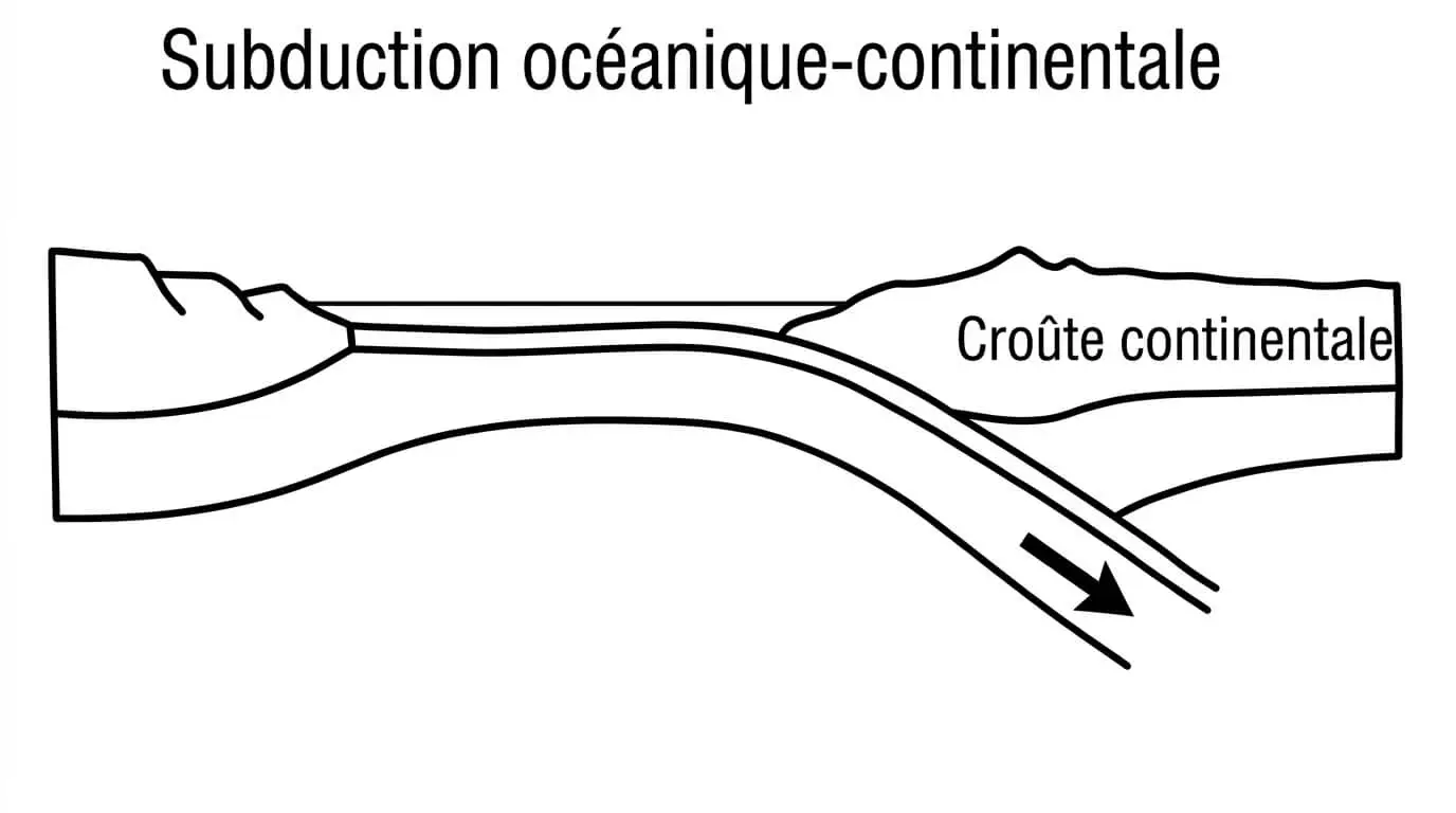 Schéma du phénomène de subduction d'une lithosphère océanique sous une lithosphère continentale.